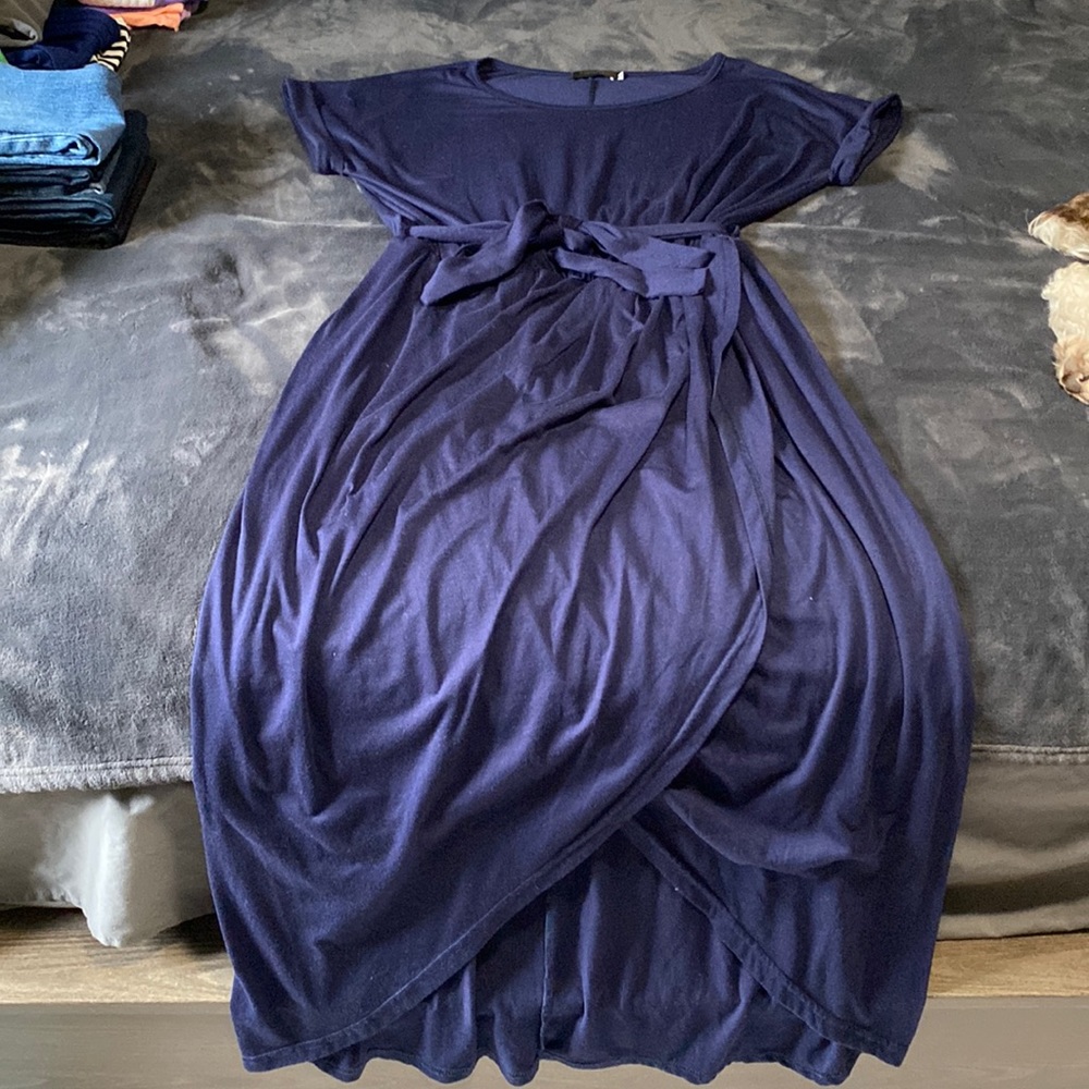 Navy blue cotton wrap dress with belt